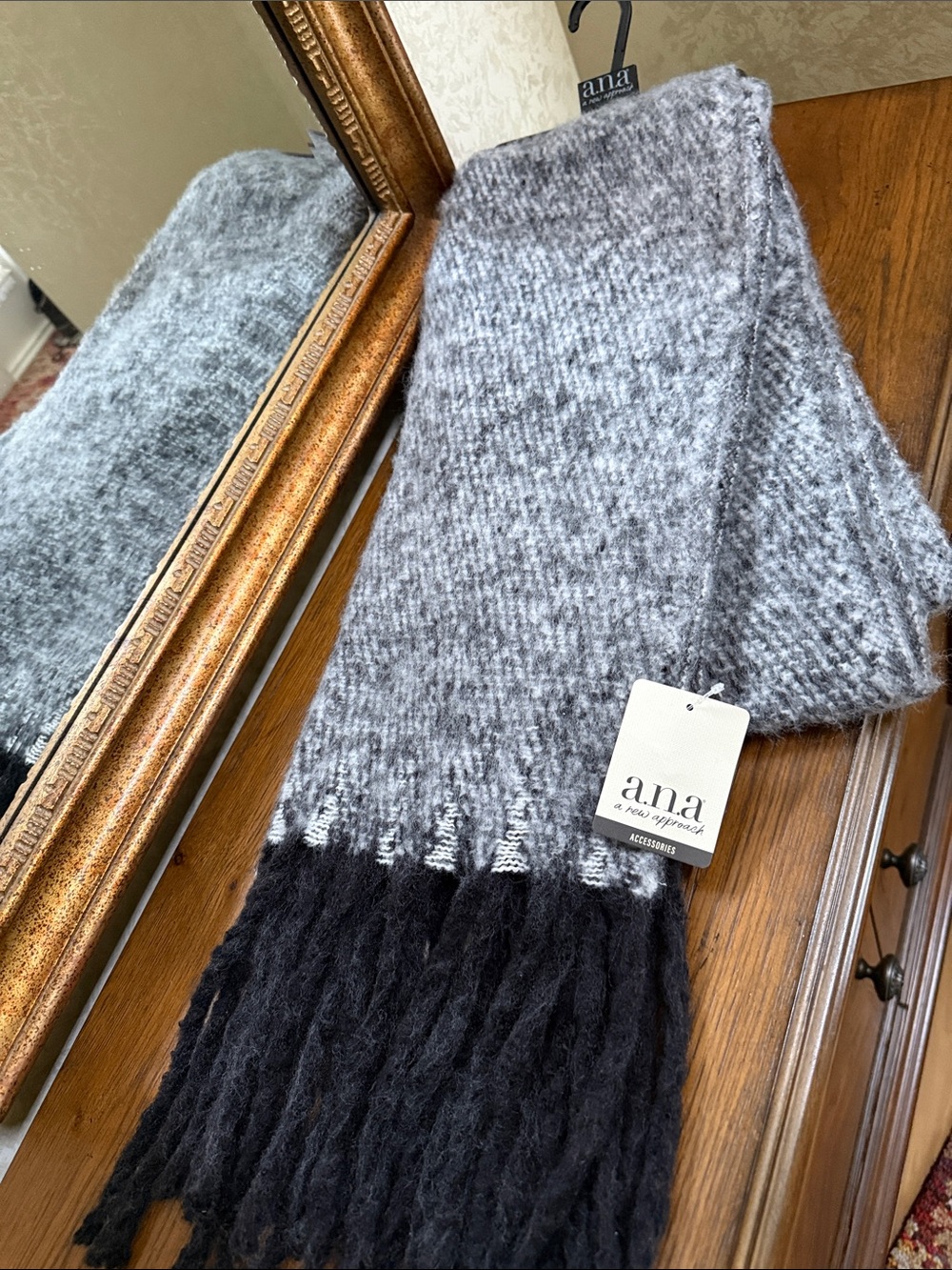 a.n.a Gray Knit Scarf with Black Fringe.
